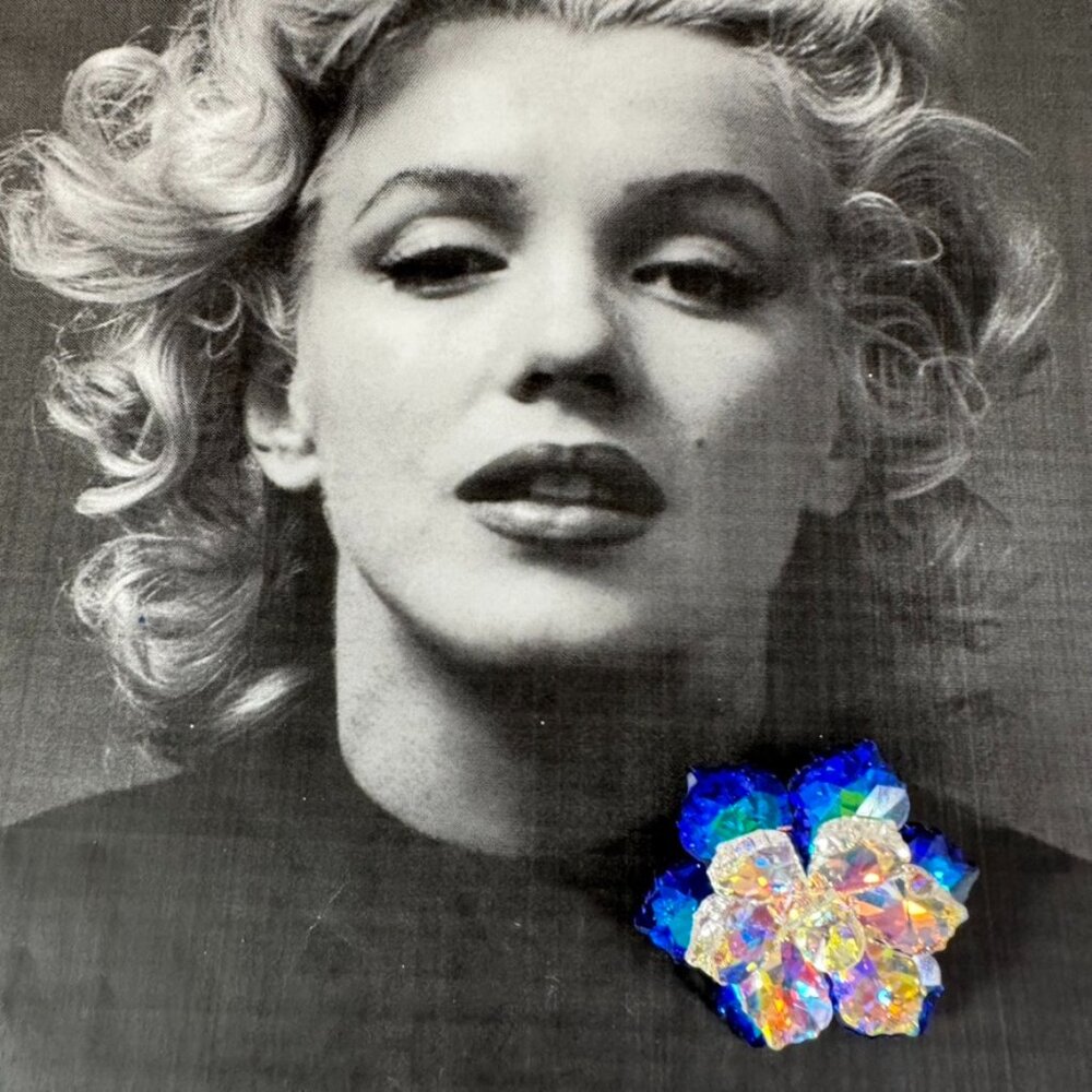 Sparkling Sapphire and Aurora Borealis crystal flower pin brooch